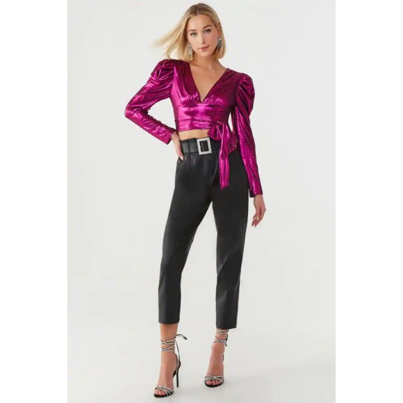 FOREVER‎ 21 Tie Metallic Puff Sleeve Top Size L Hot Pink - Picture 4 of 5
